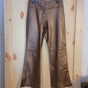 Cache Leather brown bronze boot cut straight ankle split pants Sz 8